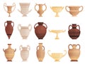 Old ancient vessel. Clay jug cups and amphoras with patterns ceramics antique jug vector pictures