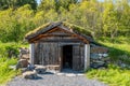 Old and ancient viking forge with traditional wooden build, decorated with viking runes and ornament.