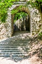Old Ancient vintage castle stone stairs with trees and forest. Royalty Free Stock Photo