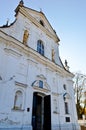 Old ancient white poor stone shabby Christian Orthodox church with crosses Royalty Free Stock Photo