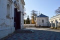 Old ancient white poor stone shabby Christian Orthodox church with crosses Royalty Free Stock Photo