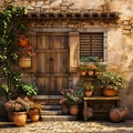 Old ancient wooden door and window with shutters on facade of old Italian house. Scenic original and colorful view of window Royalty Free Stock Photo