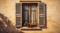 Old ancient wooden window with shutters on facade of old Italian house. Scenic original and colorful view of antique window Royalty Free Stock Photo