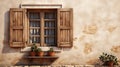 Old ancient wooden window with shutters on facade of old Italian house. Scenic original and colorful view of antique window Royalty Free Stock Photo