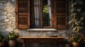 Old ancient wooden window with shutters on facade of old Italian house. Scenic original and colorful view of antique window Royalty Free Stock Photo