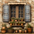 Old ancient wooden window with shutters on facade of old Italian house. Scenic original and colorful view of antique window Royalty Free Stock Photo