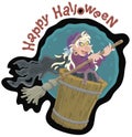 Witch flying with a magic broom and a mortar Royalty Free Stock Photo