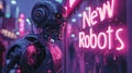 Old angry robot looks at neon sign of New Robots on cyberpunk city street in rain, futuristic town with purple light. Concept of