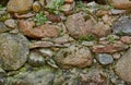 Old anticient stone wall from rough rocks with moss and wild plants of weeds, background, texture Royalty Free Stock Photo