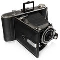 Old, antique, black, pocket camera, view at an angle from above. Royalty Free Stock Photo
