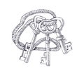 Old antique bunch of door keys attached to holder, tied with twine. Engraved vintage drawing of medieval unlocking item Royalty Free Stock Photo