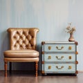 Old antique chair near light blue wood retro chest of drawers. Vintage classic home interior design of living room Royalty Free Stock Photo