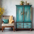 Old antique chair near turquoise wood retro cabinet with decorative vases. Vintage classic home interior design of living room