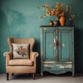 Old antique chair near turquoise wood retro cabinet with decorative vases. Vintage classic home interior design of living room