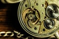 Old antique gold pocket watch with chain. Close up, open back concept. Royalty Free Stock Photo