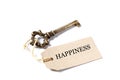 Old antique key, a label and the word happiness isolated on on white background with copy space Royalty Free Stock Photo