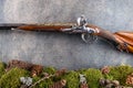 Old antique long gun with forest still life on grey background, historical weapons