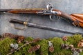 Old antique long gun and old saber with forest still life on grey background, historical weapons