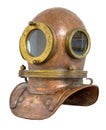 Old antique metal scuba helmet with clipping path isolated on white background. Copper old vintage deeps sea diving suit Royalty Free Stock Photo