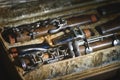 Old antique moldy clarinet in carrying case Royalty Free Stock Photo