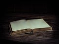 Old antique opened book with blank pages on a wooden table.