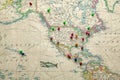 Antique map of America and destination marker pins Royalty Free Stock Photo