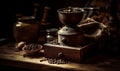 Old antique retro grinder on the wooden table. Coffee mill among the roasted coffee beans. Dark backdrop. Generative AI Royalty Free Stock Photo