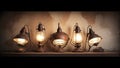 Old, antique steam punk lamps on wooden table with grungy background.