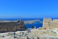 Old antique stone ruins on a hot summer day on the Greek island of Rhodes in Lindos Royalty Free Stock Photo