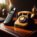 Old antique telephone sits next to modern cordless phone Royalty Free Stock Photo