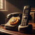 Old antique telephone sits next to modern cordless phone Royalty Free Stock Photo