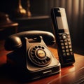 Old antique telephone sits next to modern cordless phone