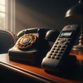 Old antique telephone sits next to modern cordless phone Royalty Free Stock Photo