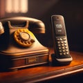 Old antique telephone sits next to modern cordless phone Royalty Free Stock Photo
