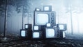 Old antique TV in fog night forest. Fear and horror. Mistic concept. Broadcast. 3d rendering.