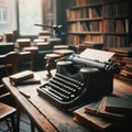 Old antique typewriter sits on wooden desk, ready to be used Royalty Free Stock Photo