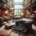 Old antique typewriter sits on wooden desk, ready to be used Royalty Free Stock Photo