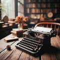 Old antique typewriter sits on wooden desk, ready to be used Royalty Free Stock Photo