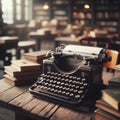 Old antique typewriter sits on wooden desk, ready to be used Royalty Free Stock Photo