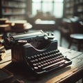 Old antique typewriter sits on wooden desk, ready to be used Royalty Free Stock Photo