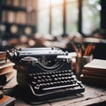 Old antique typewriter sits on wooden desk, ready to be used Royalty Free Stock Photo