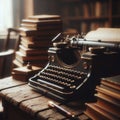 Old antique typewriter sits on wooden desk, ready to be used Royalty Free Stock Photo