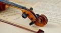 Detail of an old antique violin and a bow close-up. Royalty Free Stock Photo