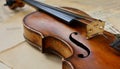 An old antique violin on a table with yellowed sheet music. Royalty Free Stock Photo