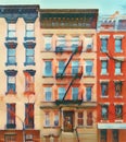Old apartment buildings in New York City with colorful watercolor painting effect Royalty Free Stock Photo