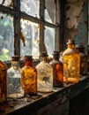 Old Apothecary Bottles on a Dusty Windowsill Royalty Free Stock Photo