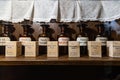 Old apothecary equipment with boxes of baking soda and bottles of chemicals Royalty Free Stock Photo