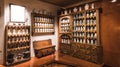 Old apothecary with talavera jars arranged on wooden shelves