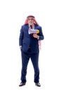 Old arab businessman holding megaphone isolated on white Royalty Free Stock Photo