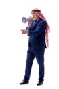 Old arab businessman holding megaphone isolated on white Royalty Free Stock Photo